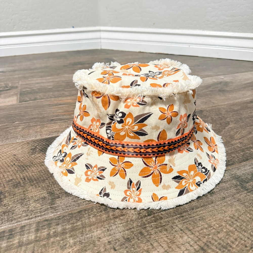 Disney Parks Adult Moana Tropical Floral Fray Hem Bucket Hat, Orange Cream,OS